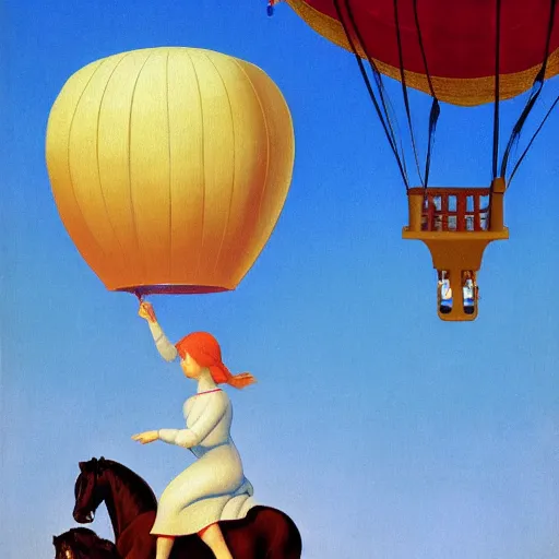 Image similar to a girl and her horse enjoy a hot-air balloon show by Raphael, Hopper, and Rene Magritte. detailed, romantic, enchanting, trending on artstation.