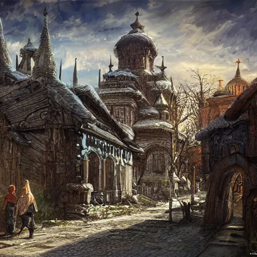 Prompt: photo ancient Slavic Russian city of Kitezh, concept art, painting by Viktor Vasnetsov, magical city, fantasy cityscape, ancient Slavs, wooden buildings, ancient Russian architecture, terem, hyperborea, top cinematic lighting , cinematic mood, very detailed, 8k, high resolution