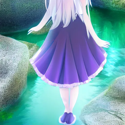 Prompt: advanced digital anime art, Sakimichan , a gorgeous high school girl with long gold and silver hair wearing a violet dress and bare feet walking through a crystal clear river, DOF, Gaussian Blur,