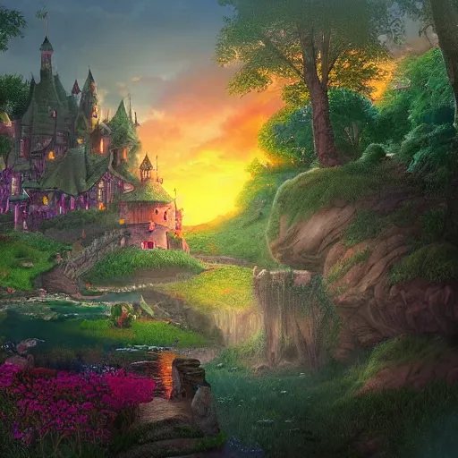 Prompt: realistic, fairytale land, sunset, detailed, trending on artstation