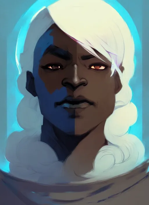 Image similar to ( ( ( ( ( portrait of male drow from dungeons and dragons. ) ) ) ) ) by atey ghailan, by greg rutkowski, by greg tocchini, by james gilleard, by joe fenton, by kaethe butcher, dynamic lighting, gradient light blue, brown, blonde cream and white color scheme, grunge aesthetic