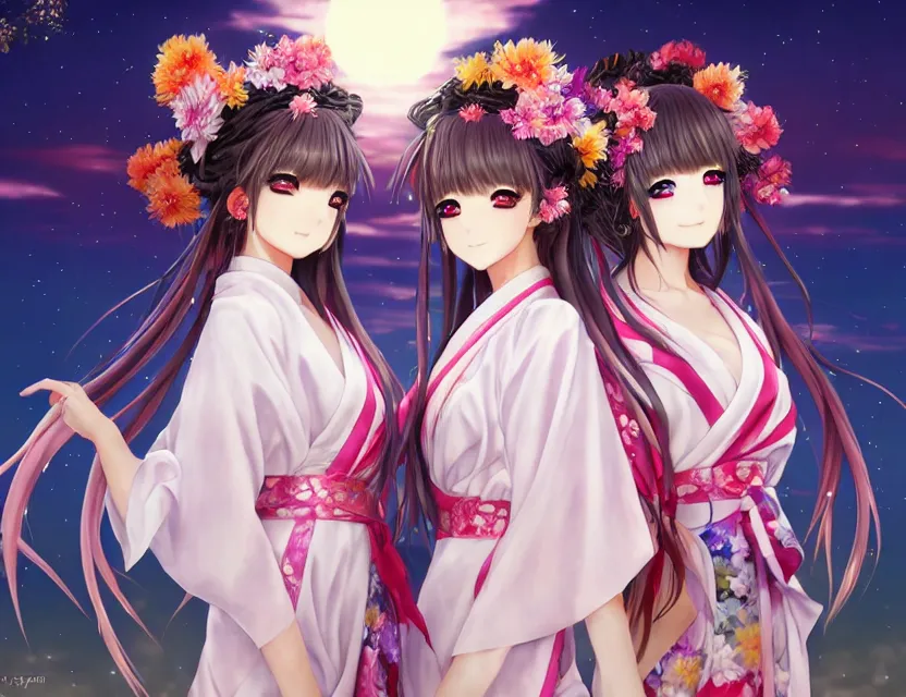 Image similar to two beautiful anime girls wear fantasy kimono in festival | | sunny night, full moon, dreamlike art, realistic shaded, smile, good looking, hyper details, 4 k realistic, cryengine, realistic shaded lighting poster by artgerm, ross tran, fuji choko, 8 k resolution, trending on artstation, luxury