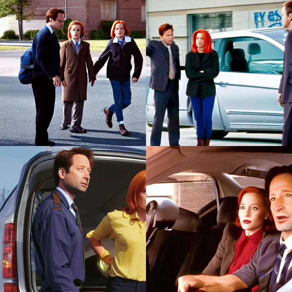 Prompt: Mulder and Scully picking up their son from school