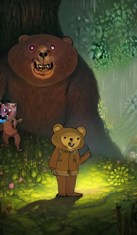 Prompt: 4 k disco elysium portrait country bears glade of forest marc davis made in abyss design background of liminal space arnold lobel, dark, scary, madness, trauma, scott cawthon art in the style of akihito tsukushi