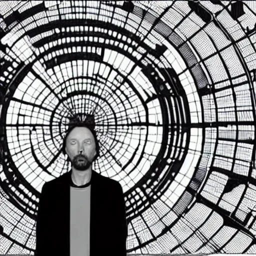 Prompt: thom yorke inside the center of a walmart is displayed for each of the twelve targets, it moves in a loop, the target turns black when a shot is fired at it, the black dot will appear at the same point in the next loop.