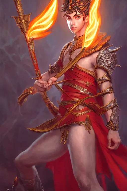 Image similar to a masterpiece portrait of nezha, young elf prince holding spear, flame everywhere, epic pose, fantasy character portrait, closeup shot, hyper detailed, digital painting, 8 k realistic, trending on artstation, sharp focus, dof, by fenghua zhong, artgerm, ne zha from smite, jeff easley, raymond swanland