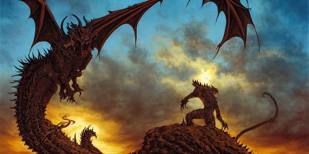 Prompt: a terrifyingly huge dragon with multiple horns, spikes running down its back, and a long tail sweeps across the sky, blotting out the sun. underneath, a lone figure stands defiantly, weapon drawn, preparing to face the creature. by michael whelan.