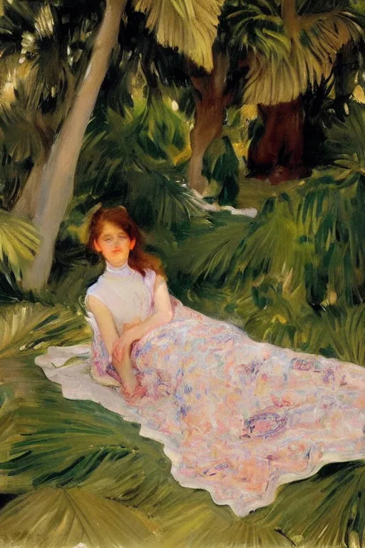 Prompt: girl with detailedly skirt lay down on a detailed persian carpet, tree palms in background, painting by john singer sargent