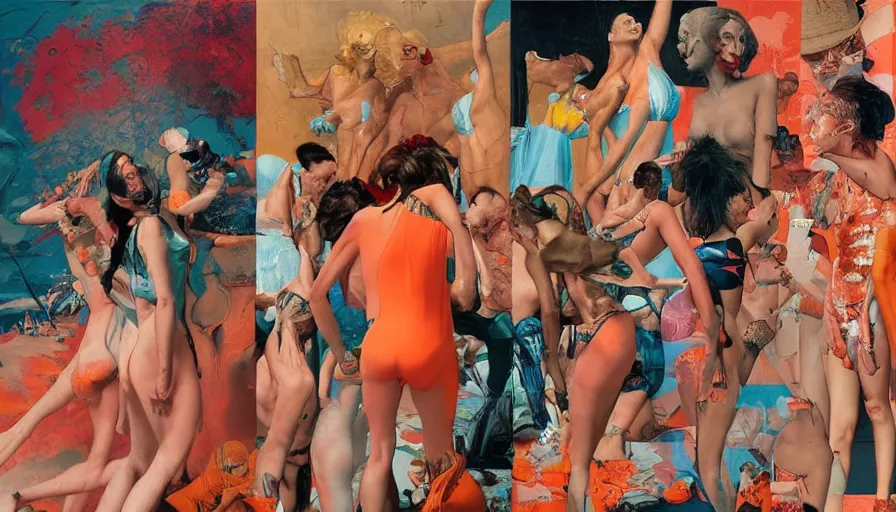 Prompt: miami swim week by francis bacon, surreal, norman rockwell and james jean, greg hildebrandt, and mark brooks, triadic color scheme, by greg rutkowski, syd mead and edward hopper and norman rockwell and beksinski, lingerie, dark surrealism, orange and turquoise