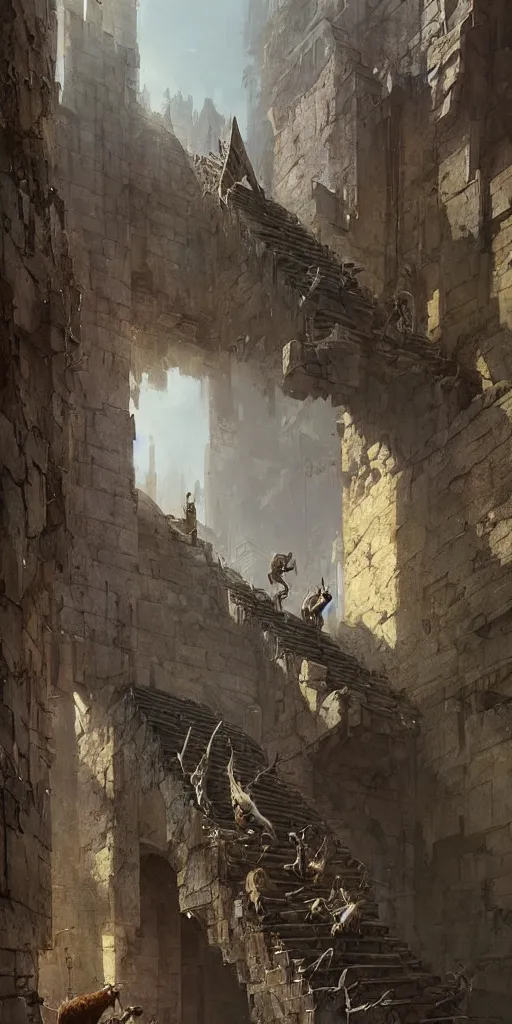 Image similar to a highly detailed epic cinematic concept art cg render digital painting artwork of goats climbing stairs of a fantasy castle, by greg rutkowski, in the style of francis bacon and syd mead and norman rockwell and beksinski