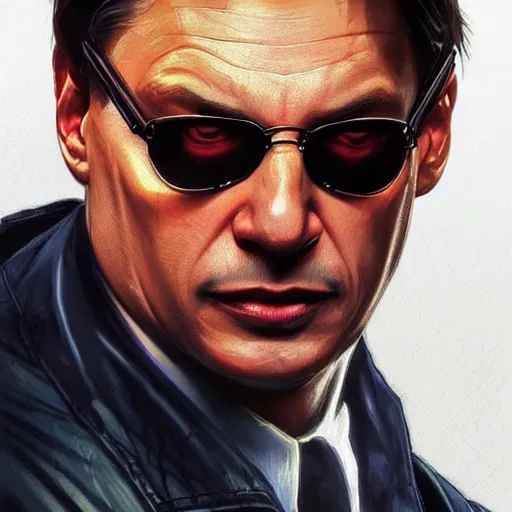 Image similar to [Viktor Orban in the movie Matrix as GTA character, closeup, D&D, intricate, elegant, highly detailed, digital painting, artstation, concept art, matte, sharp focus, illustration, art by Artgerm and Greg Rutkowski and Alphonse Mucha and Enki Bilal]