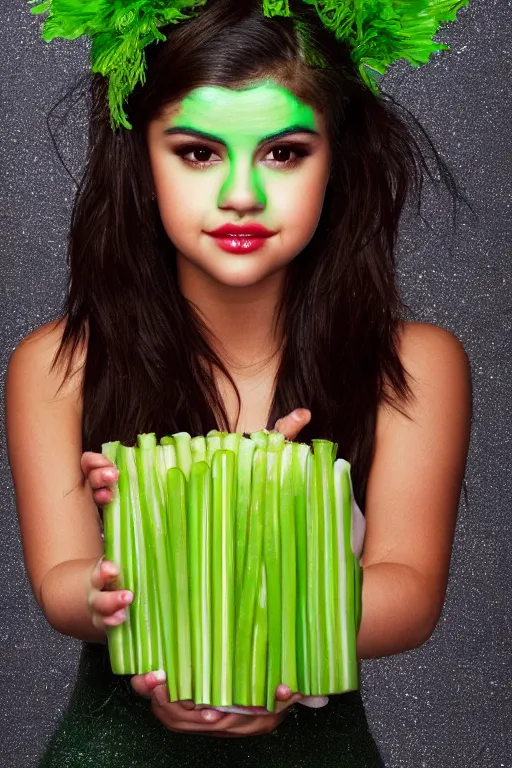 Prompt: close up headshot of selena gomez made out of celery, a human face with celery for hair, a bunch of celery sitting on a cutting board, professional food photography, selena gomez wearing green face paint