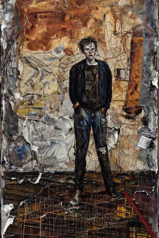 Prompt: a full length portrait of a very ordinary young man with a troubled expression, Anselm Kiefer and Lucian Freud and Jenny Saville, oil painting, rust, Scaffolding, rusted metal and sunflowers, iron cladding, decay, mixed media, textured, anatomically correct, beautiful perfect face, visible brushstrokes, sharp focus, Highly Detailed, photographic emulsion cracked and peeling, Cinematic Lighting, 8k, HD