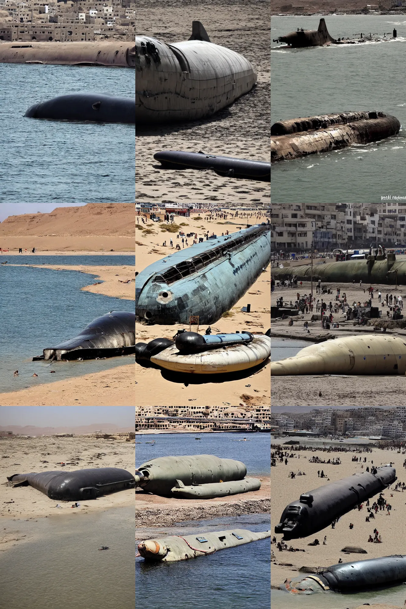 Prompt: beached submarine in the middle of sanaa