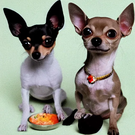 Prompt: one small, light brown chihuahua with a white diamond on her forehead, and a slightly bigger, dark grey chihuahua with a slight underbite and a concerned look on his face fencing over food on a dessert island