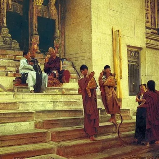 Image similar to 8 0 s buddhist priests on greek senete counsil in baroque painting, painting by gaston bussiere, craig mullins