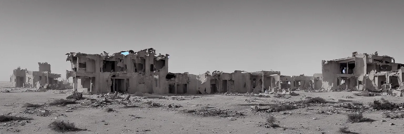 Prompt: Destroyed and abandoned hotel in the middle of the Sahara. Early Morning. Sandstorm. Strong winds. Cinematic lighting. Imagined by Hiroshi Yoshida