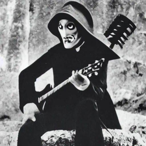 Image similar to vintage photograph of count orlok outside his castle, playing the blues on guitar, castle in the background, 4 k