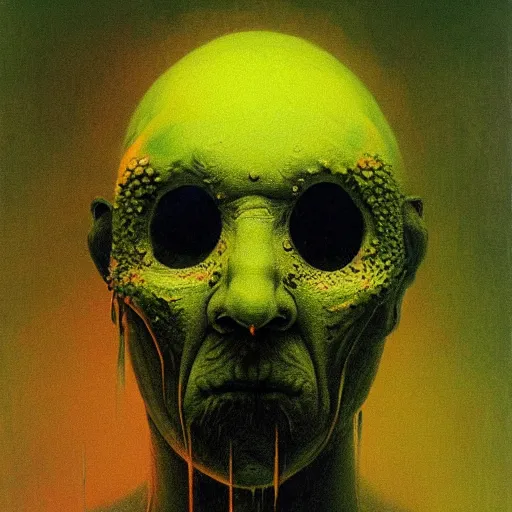 Image similar to Portrait of Angry man with Holes in his face, dark fantasy, yellow and green, artstation, painted by Zdzisław Beksiński and Wayne Barlowe