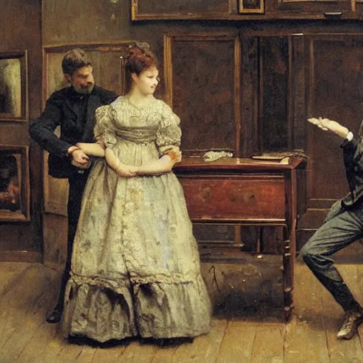 Image similar to a man and a woman solving an escape room puzzle alfred stevens