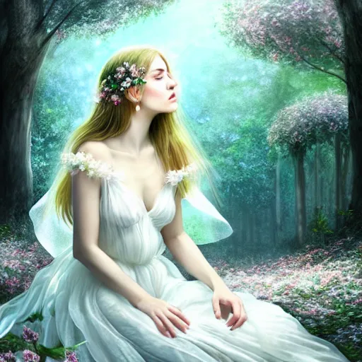 Image similar to a picture of a beautiful woman in a white organza dress and covered in flowers and leaves sitting sitting in an enchanted forest, high fantasy, elegant, epic, detailed, intricate, digital painting, concept art, realistic detailed face, smooth, focus, volumetric light and rim light,