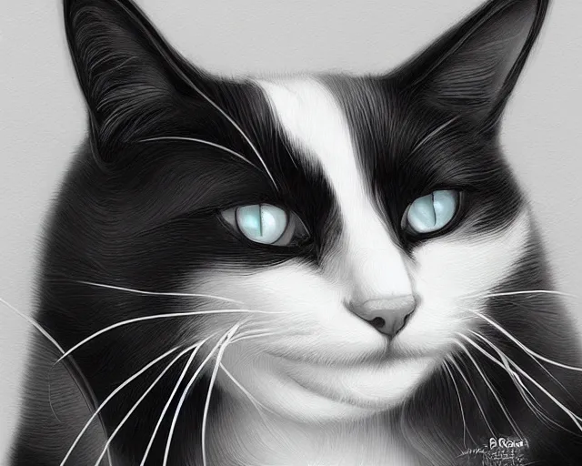 Image similar to black and white cat, an illustration, by ross tran, artgerm