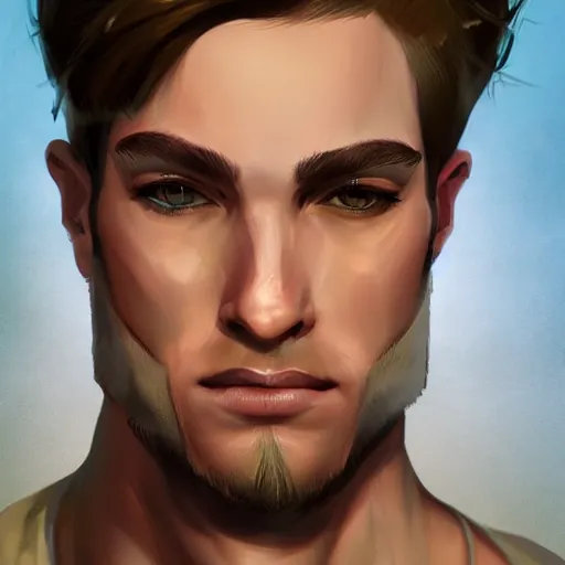 Image similar to realistic portrait, 25 years old man :: athletic fantasy mage :: green eyes, shoulder long brown hair :: wearing a brown robe :: high detail, digital art, RPG, concept art, illustration