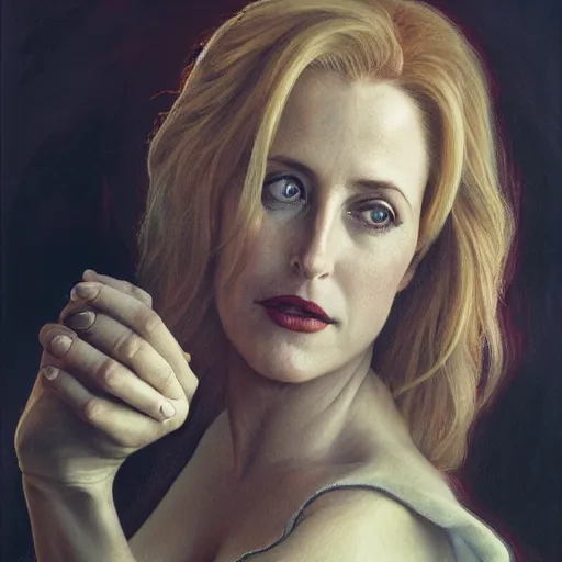 Prompt: portrait of Gillian Anderson as a lady vampire, 35mm, depth of field, DOF, ominous, sharp, highly detailed, photorealistic, realistic, unreal 5, high, definition, 8k, artstation, donato giancola, irwin penn, Alphonse Mucha