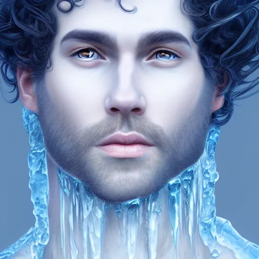 Image similar to award winning commission portrait of a man made of ice with curly hair,ice cracks.Digital art,hyperdetailed,detailed fa e,ross tran,character design by charles bowater,deviantart,artstation,photorealistic,4k