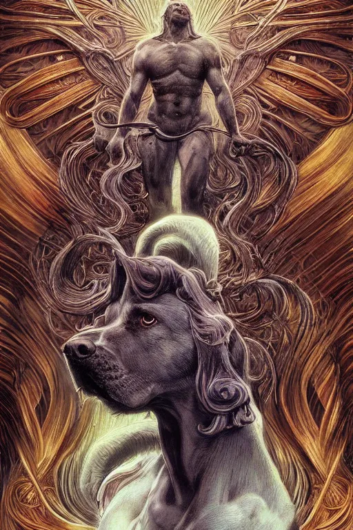 Prompt: Dog as a god, detailed face, gorgeous, amazing, flowing hair, very muscular male body, partial anatomy, stormy background, crepuscular ray, intricate, highly detailed, 8K, digital painting, fantasy, artstation, concept art, sharp focus, over-shoulder shot, illustration, art by Wayne Barlowe, hajime Sorayama alphonse mucha