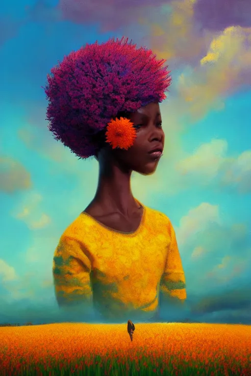 Prompt: closeup, large flower as head, black girl in heather field, surreal photography, golden hour, colorful clouds, impressionist painting, digital painting, artstation, simon stalenhag