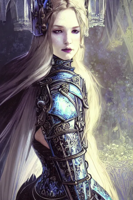 Image similar to beautiful luxury and gothic and victorian and evil medieval female blue & white color armor knight portrait+smoky eyes+light flowing hair, in ruin gothic cathedral, ultradetail face, art and illustration by tian zi and craig mullins and WLOP and alphonse mucha, fantasy, intricate complexity, human structure, fantasy world concept, watermark, blurry, hyperrealism 8k