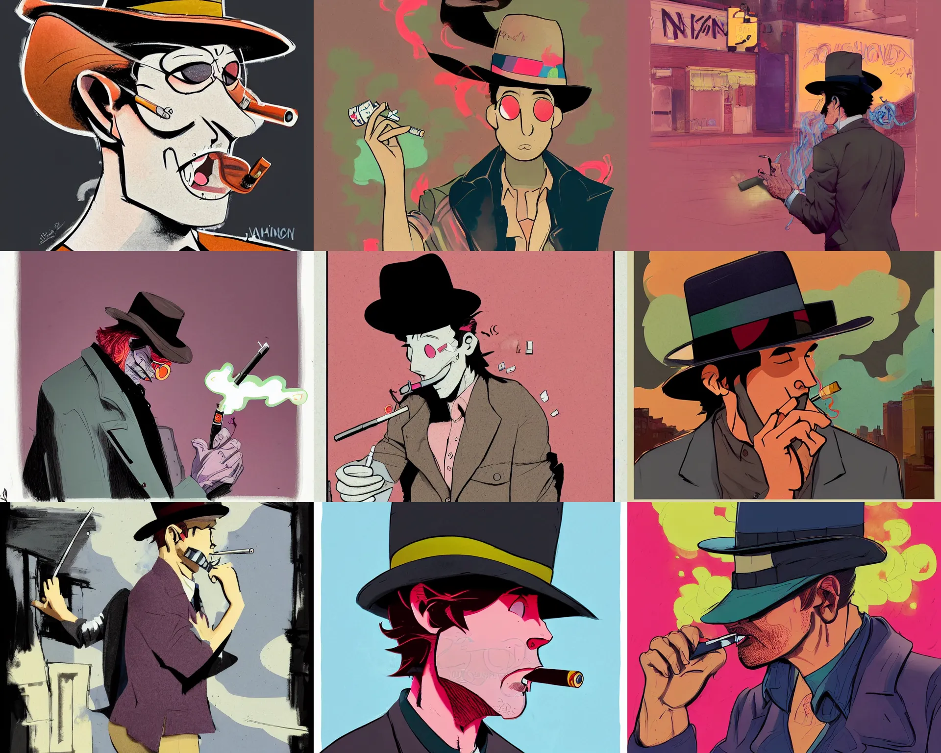 Prompt: a study of cell shaded cartoon of a noir detective wearing a fedora hat and smoking a cigarette, side view, illustration, picture from behind, vibrant colors, post grunge, concept art by josan gonzales and wlop, by james jean, Victo ngai, David Rubín, Mike Mignola, Laurie Greasley, highly detailed, sharp focus, alien, Trending on Artstation, HQ, deviantart, art by artgem