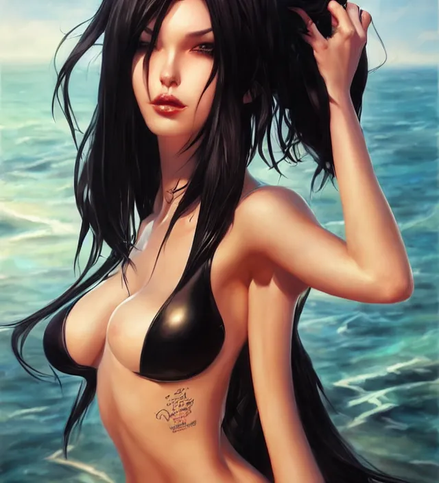 Image similar to portrait of beautiful tall girl cosplay with black hair in bikini without black strong makeup and full body tattooed and high heels and clothes fully on, art by ( ( ( stanley artgerm lau ) ) ) and artgem and wlop and magali villeneuve and karol bak and gennady ulybin and alena aenami