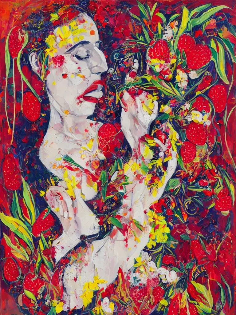 Image similar to “art in an Australian artist’s apartment, organic, portrait of a woman wearing white cotton cloth, neoexpressionist, eating luscious fresh raspberries and strawberries and blueberries, edible flowers, black background, aboriginal Dreamtime, Eora, Gadigal, intricate, bold colour, acrylic and spray paint and wax and oilstick on canvas”