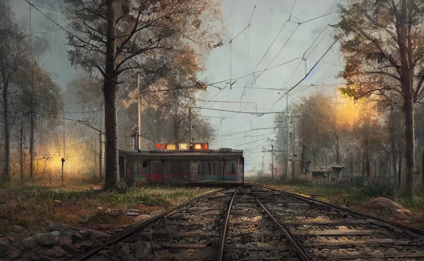 Image similar to An abandoned train station by Simon Stalenhag and Walt Disney, hyperrealism art, cinematic lighting, overgrown swedish urban landscape, disney concept art, 8k resolution, trending on artstation