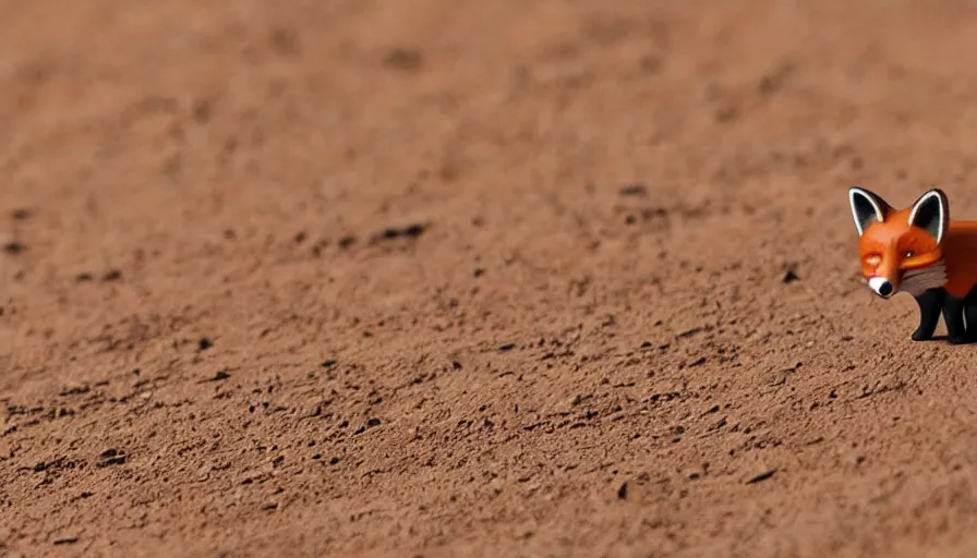 Image similar to a little fox with a french hat walking on mars, closeup.