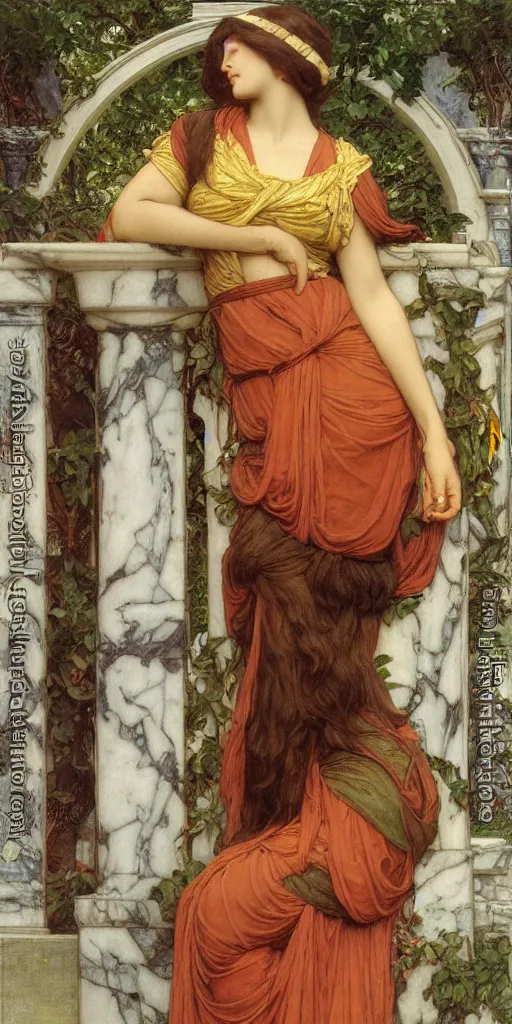 Image similar to at the gate of the temple by john william godward painted by alphonse mucha