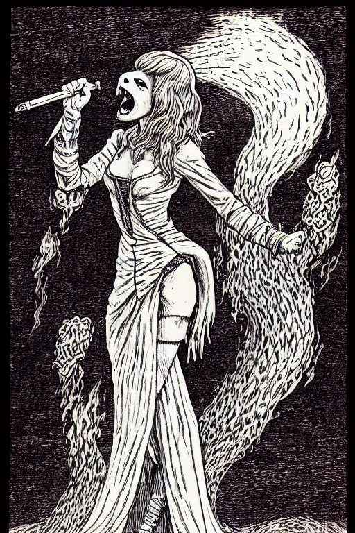 Prompt: taylor swift as a d & d smoke monster, full body, pen - and - ink illustration, etching, by russ nicholson, david a trampier, larry elmore, 1 9 8 1, hq scan, intricate details, inside stylized border