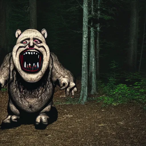 Image similar to photo of a scary horror obese monster roaring in the dark woods