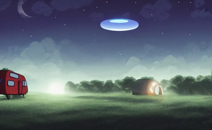 Image similar to a cell - shaded studio ghibli concept art of a ufo shining a spotlight on a caravan in a flooded stonehenge jungle on a misty starry night. very dull colors, hd, 4 k, hq