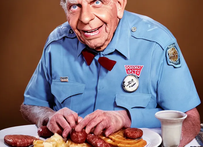 Image similar to photo still of andy griffith as matlock at shoneys!!!!!!!! at age 7 6 years old 7 6 years of age!!!!!!!! enjoying sausage, 8 k, 8 5 mm f 1. 8, studio lighting, rim light, right side key light