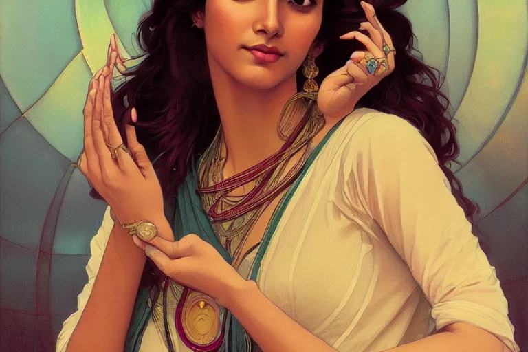 Image similar to sensual pale beautiful indian doctor in jeans, art deco portrait, elegant, intricate, digital painting, artstation, concept art, smooth, sharp focus, illustration, art by artgerm and greg rutkowski and alphonse mucha