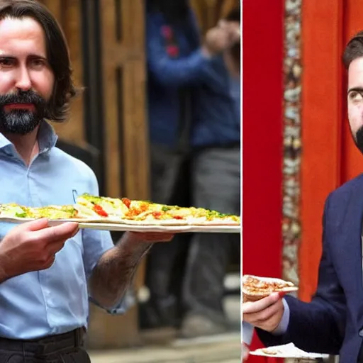 Prompt: pablo iglesiasn on the left, and santiago abascal on the right sharing a kebab in the houses of parliament