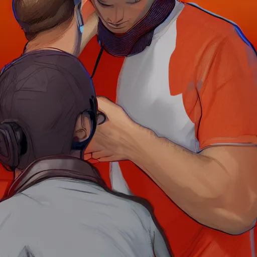 Image similar to goose being zipped - up by man in orange shirt, artstation