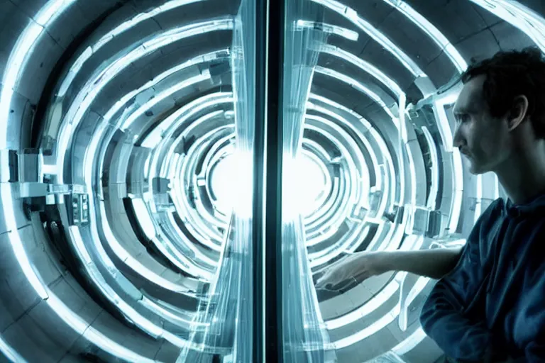 Image similar to movie closeup polar opposites, couple, researchers in a futuristic lab building inter dimensional portal machine, beautiful skin, Symmetrical faces. Beautiful lighting by Emmanuel Lubezki