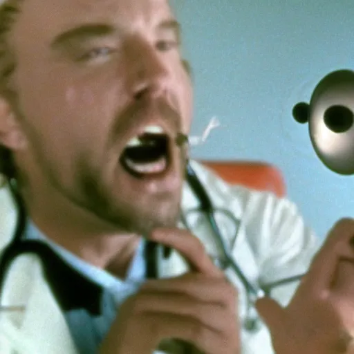 Prompt: filmic extreme realistic wide shot dutch angle movie still 35mm film color photograph of a doctor being decapitated by a spiney alien tendril