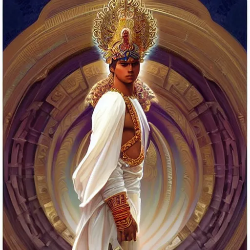 Image similar to beautiful and majestic Peruvian male god wearing a white perizoma, intricate, elegant, highly detailed, digital painting, artstation, concept art, smooth art, sharp focus, illustration, art by artgerm and greg rutkowski and alphonse mucha and loish and WLOP