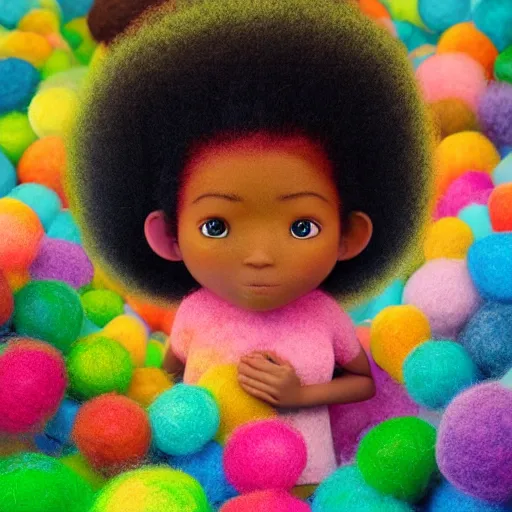 Image similar to a black girl with a colorful afro in a candy forest at night, bokeh, bright colours, watercolor, volumetric wool felting, macro photography, children illustration, by goro fujita