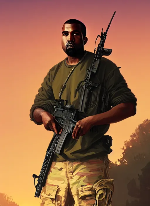 Image similar to highly detailed portrait kanye west holding rifle in gta v stephen bliss unreal engine fantasy art by greg rutkowski loish rhads ferdinand knab makoto shinkai lois van baarle ilya kuvshinov rossdraws tom bagshaw global illumination radiant light detailed intricate environment